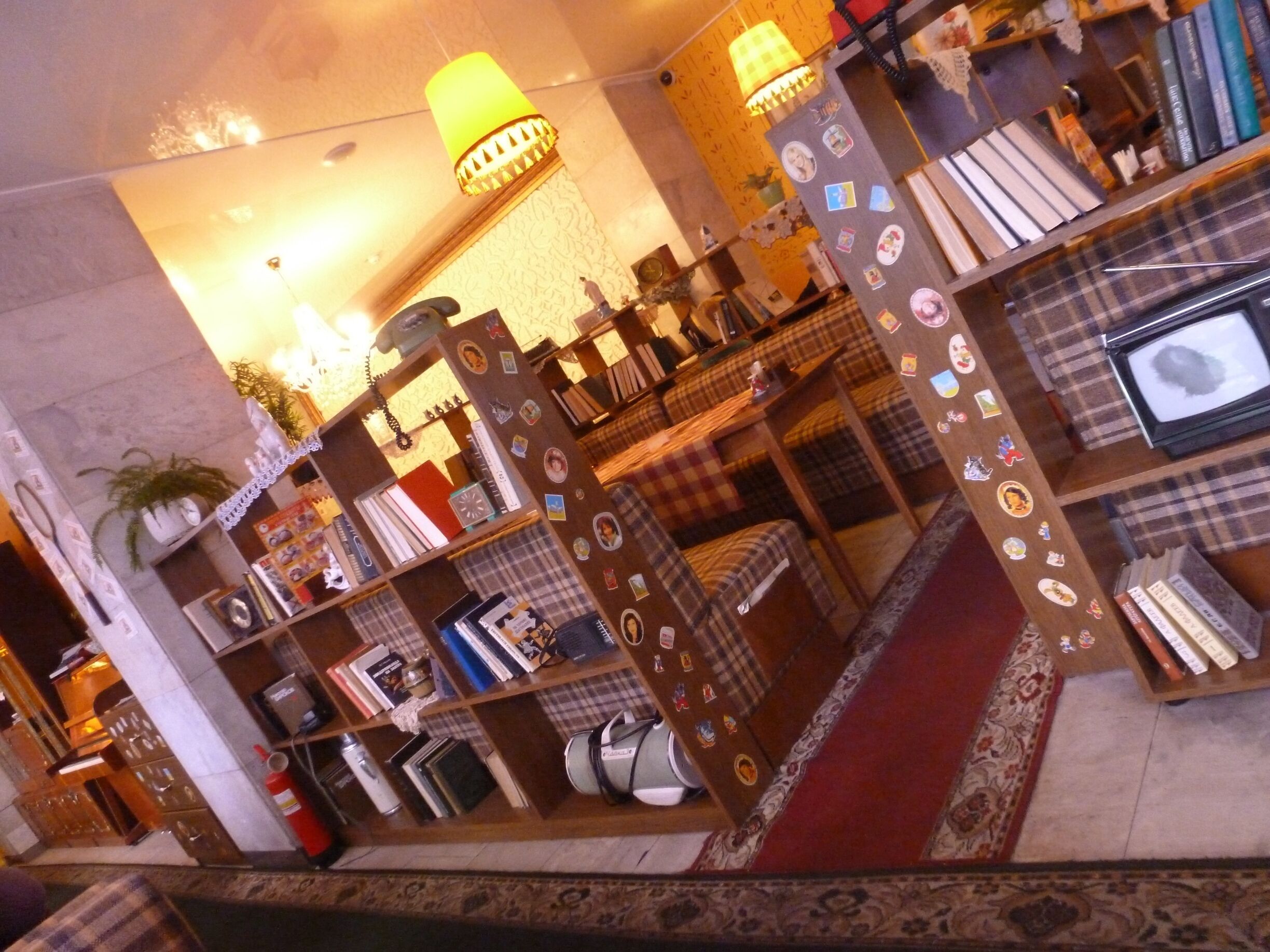 This is a Ukrainian chain that is a great place to try the national staples of vareniki and pelmeny, which are both types of dumplings.  Eat the savories with smetana (NOT the same as sour cream ... BETTER!) or the fruit ones with sweet cream as a dessert.  And enjoy the funky 50s decor!