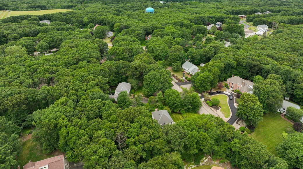 Aerial view of Suburban neighborhood in Sharon, Norfolk County, Massachusetts, with green forest and big villa.