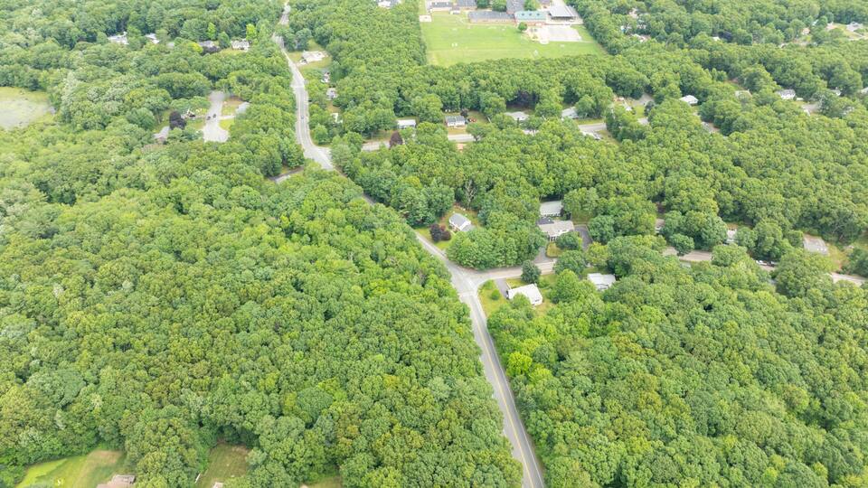 An aerial view of a densely wooded area with scattered residential buildings and a central road.