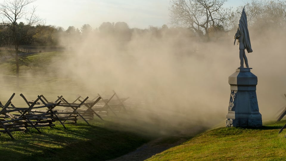 A statue on a pedestal surrounded by a fence, with a misty background and trees.