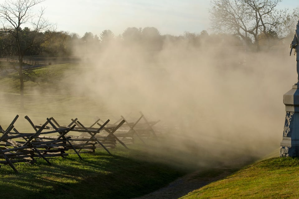 A statue on a pedestal surrounded by a fence, with a misty background and trees.