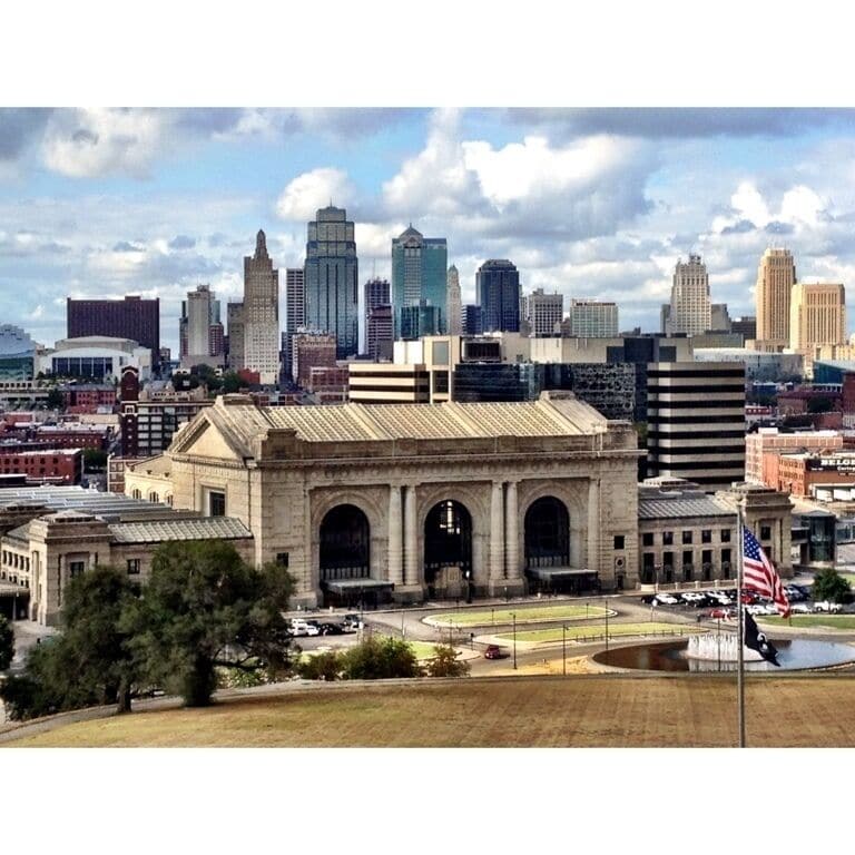 View of downtown Kansas City with Union Station in the forefront.