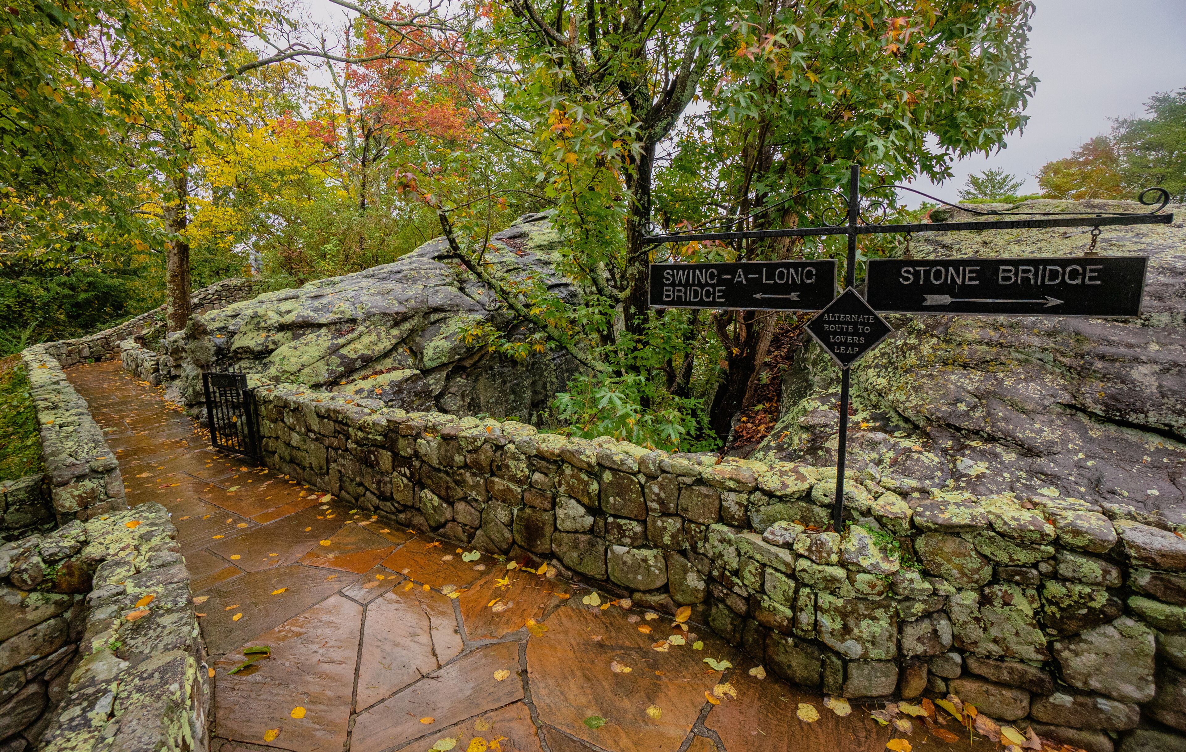 A stone pathway leading to a bridge, surrounded by autumn foliage and moss-covered rocks.