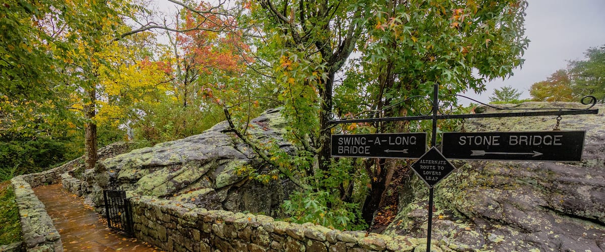 A stone pathway leading to a bridge, surrounded by autumn foliage and moss-covered rocks.