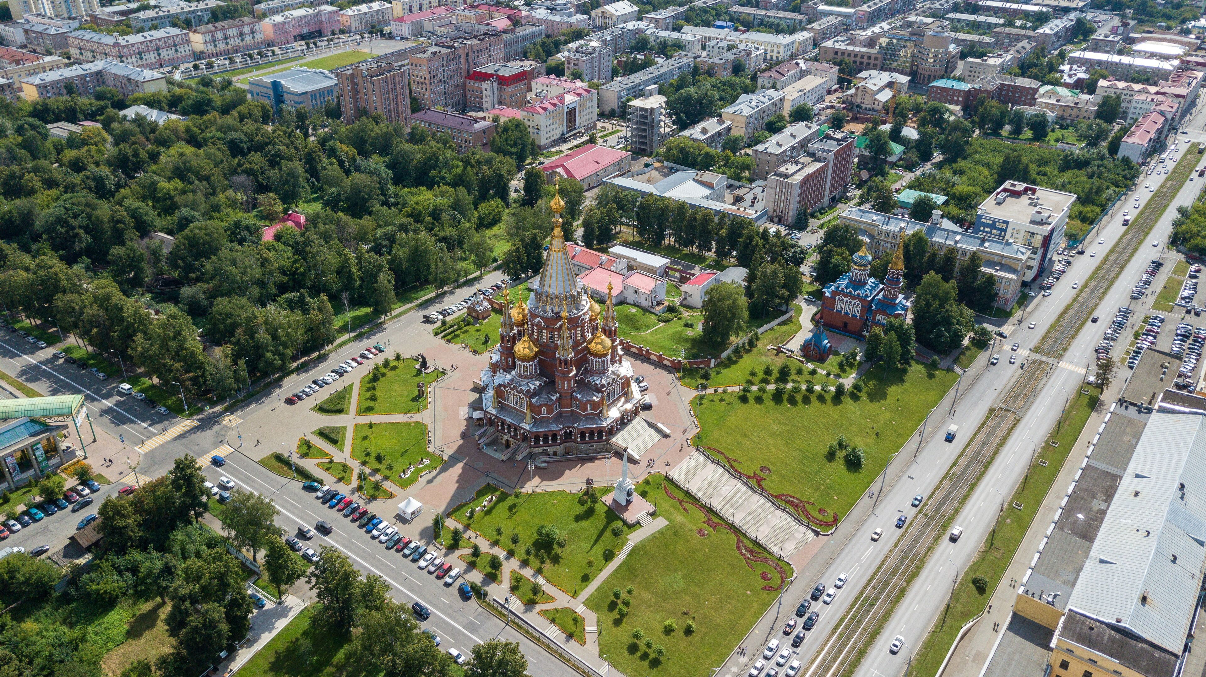 Cathedral of the Holy Archangel Michael. Izhevsk, Russia. Taken from the drone