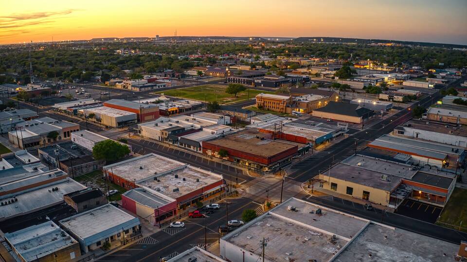 Aerial View of Downtown Killeen, Texas at Sunset in Spring