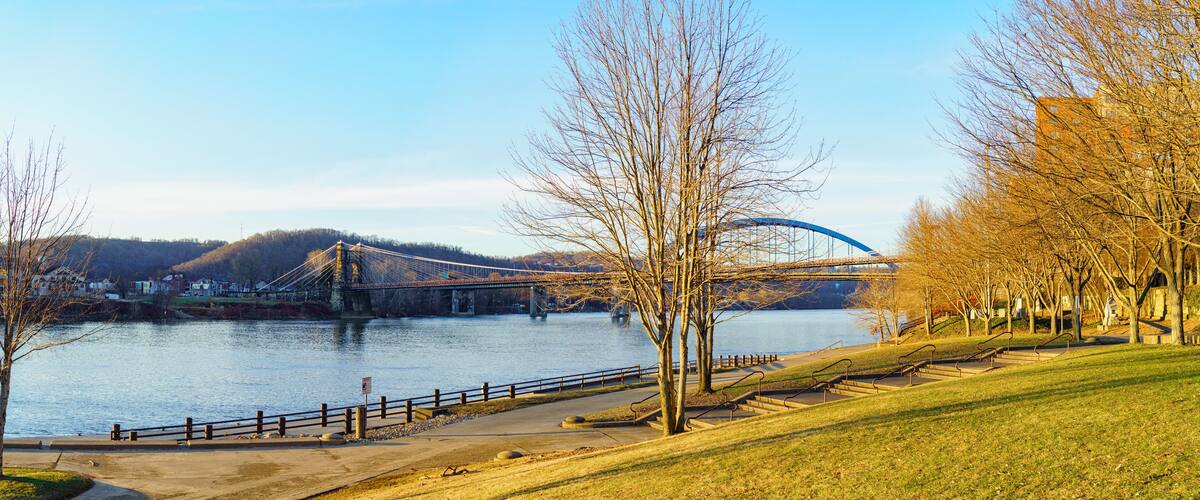 A suspension bridge over a river, a park with a walking path, and leafless trees.