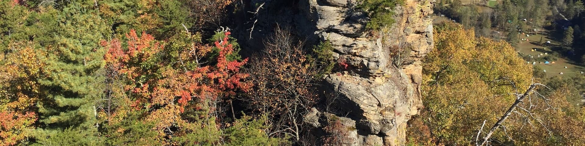 A rocky outcrop surrounded by autumn foliage.