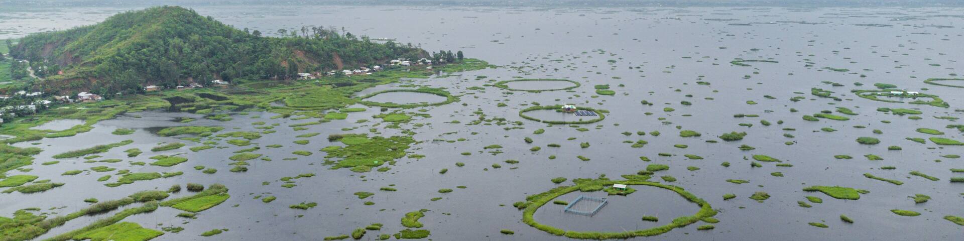 Aerial view loktak lake is the largest freshwater lake and thanga village in India as well as the largest lake in North East India.