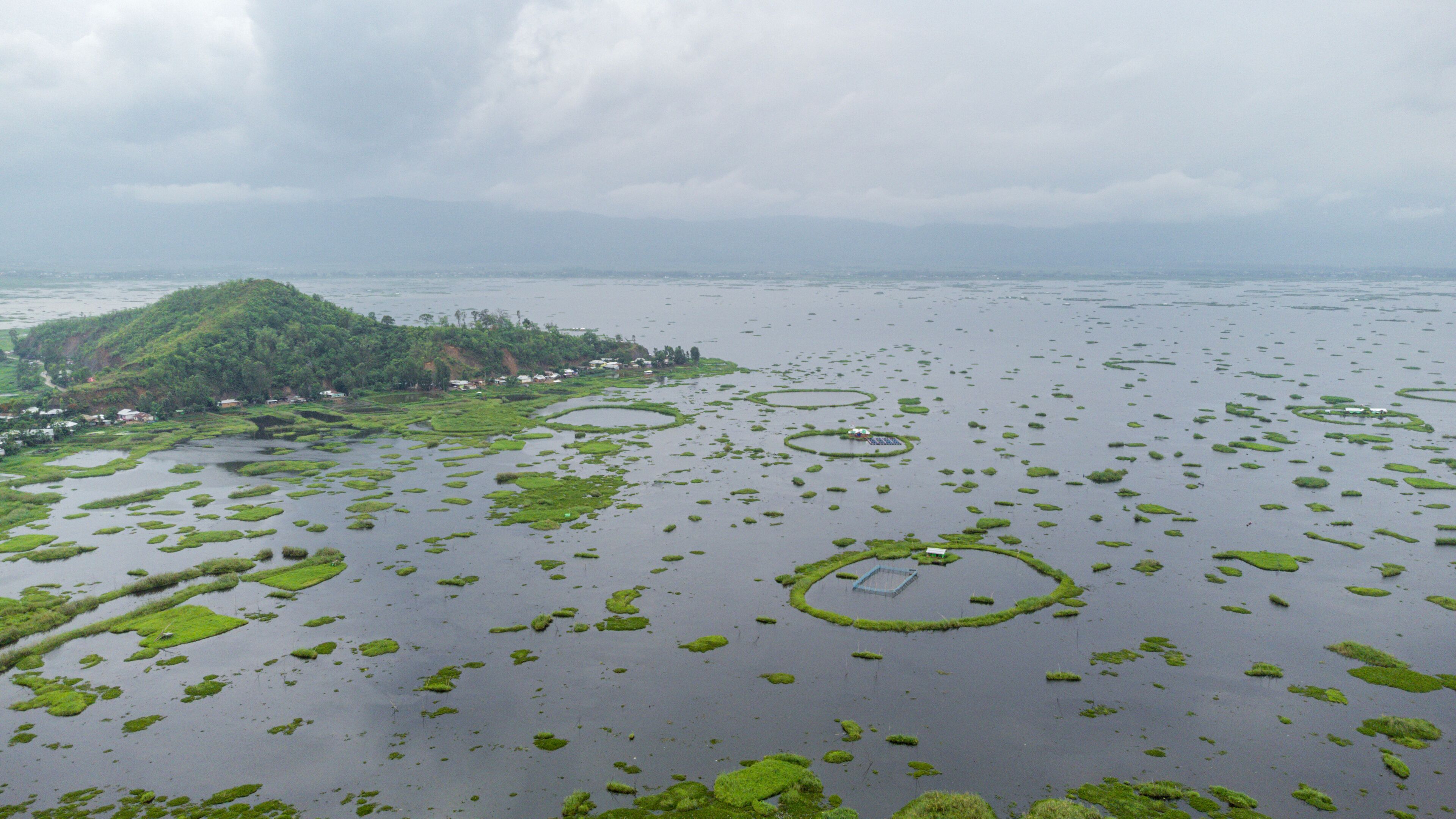 A coastal landscape with a small island, green vegetation, and circular water formations.