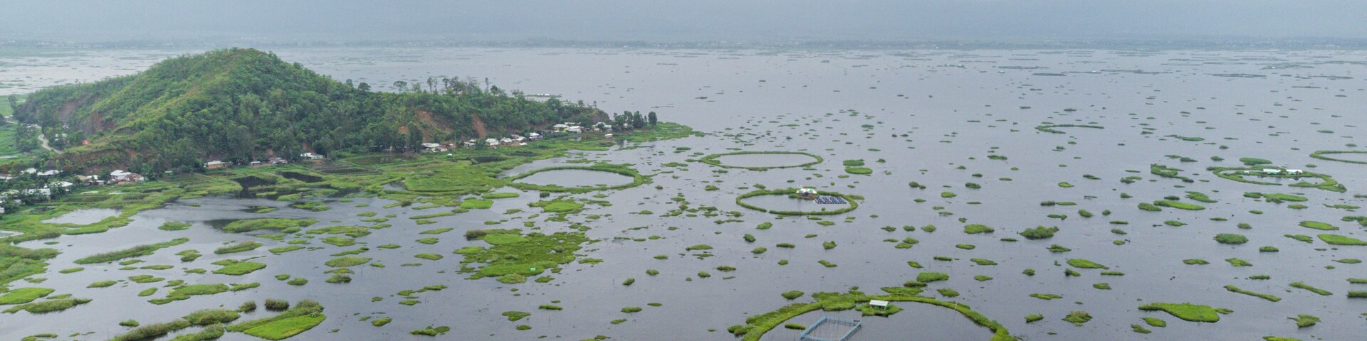 A coastal landscape with a small island, green vegetation, and circular water formations.