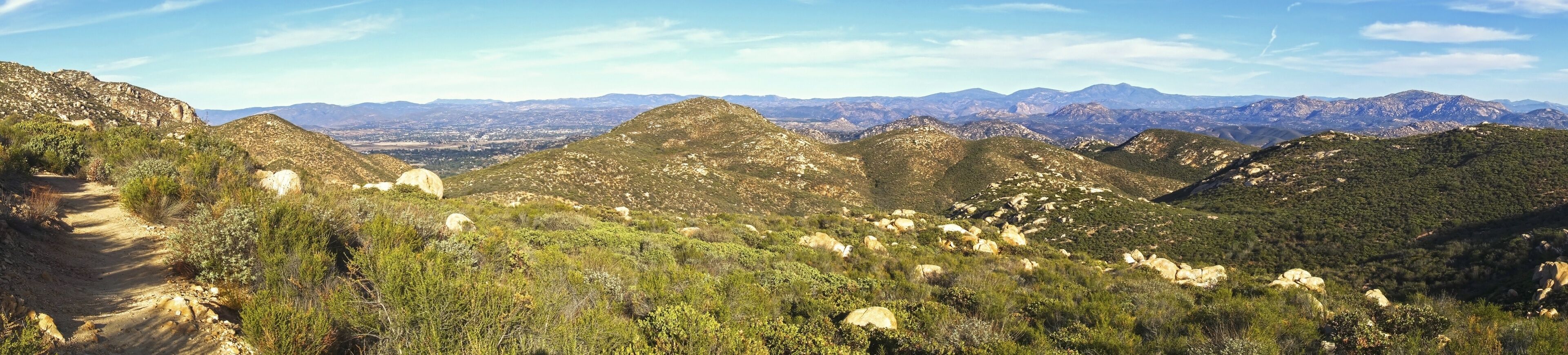 Wide Panoramic Landscape of San Diego County North Inland and distant Southern California Mountains from Iron Mountain Hiking Trail in Poway California