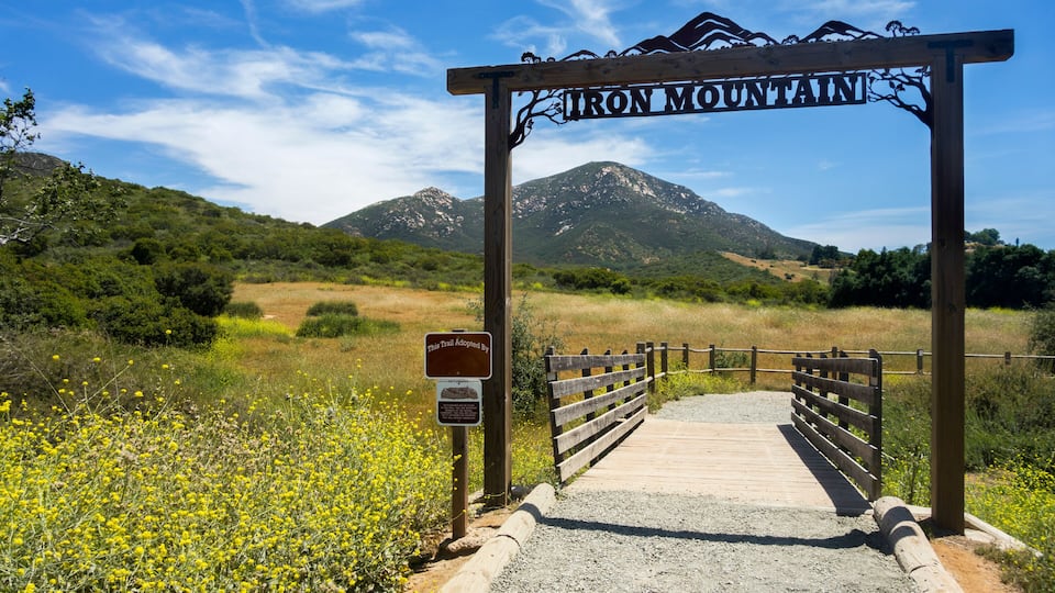 A wooden signpost with 'IRON MOUNTAIN' written on it, a gravel path leading to a wooden bridge, and a mountainous landscape in the background.
