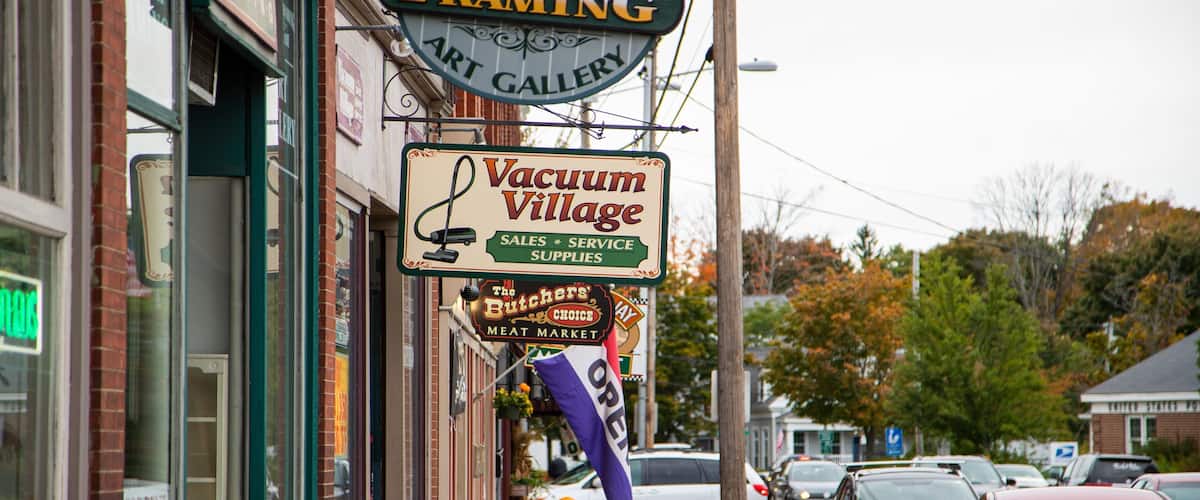 A street with various shops, including a vacuum village and a butcher's meat market.