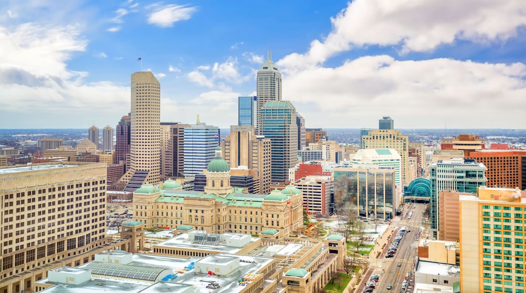 Downtown Indianapolis skyline with blue sky