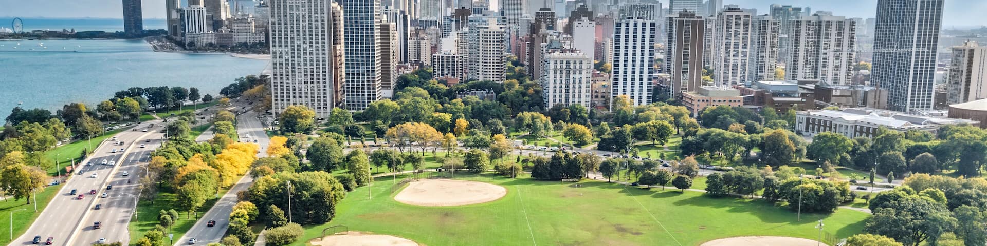 Chicago skyline aerial drone view from above, city of Chicago downtown skyscrapers cityscape bird's view from park, Illinois, USA