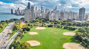 Chicago skyline aerial drone view from above, city of Chicago downtown skyscrapers cityscape bird's view from park, Illinois, USA