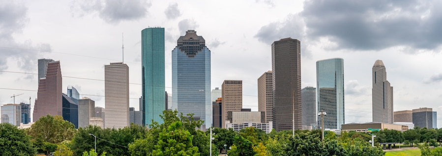 Wide Angle Panorama of the City of Houston Buildings with Cloudy Stormy Skies