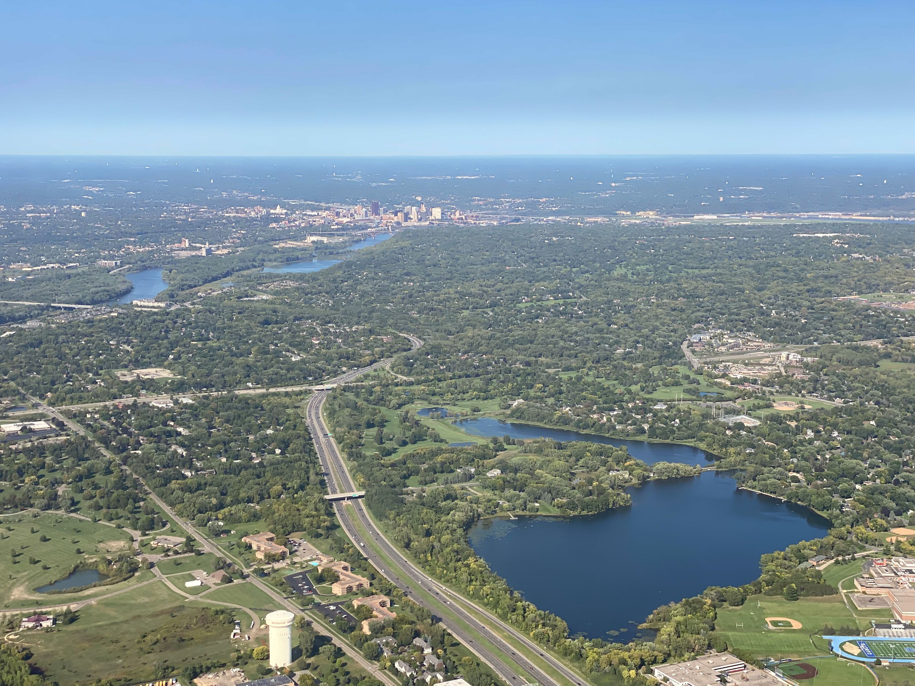 Aerial view of the city of st paul minnesota and mississippi river from the air plane