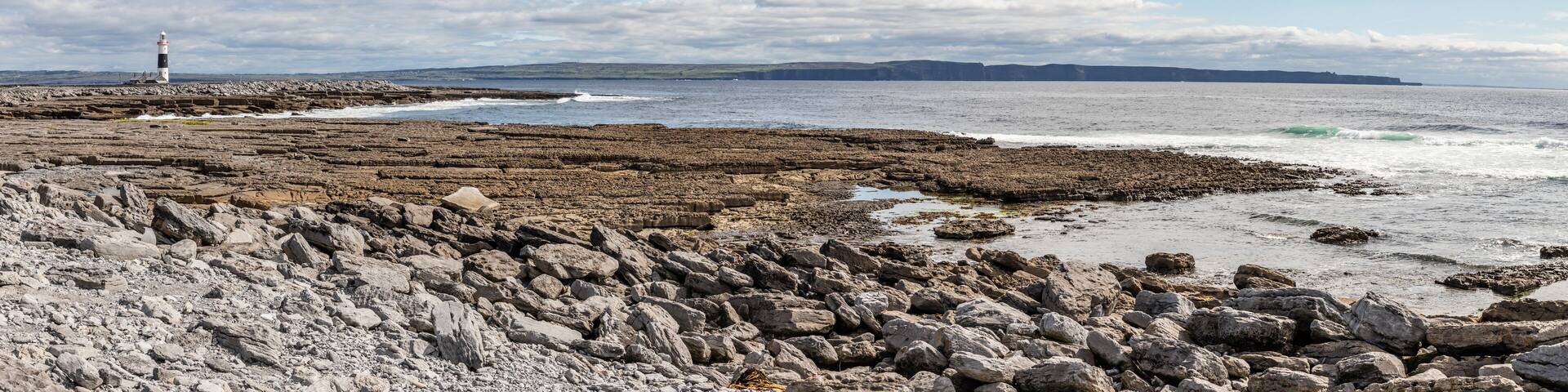 Panorama with beach, Lighthouse and cliffs of Moher in background in Inisheer island