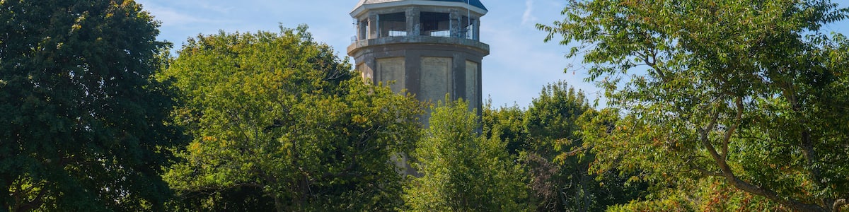 Fort Revere Water Tower on Telegraph Hill in Hull Village, Hingham Bay in Boston Harbor town of Hull, Massachusetts MA, USA.