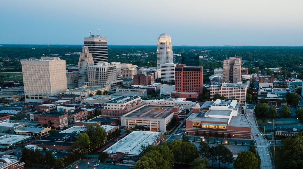 Aerial View as Night Falls on the Downtown City Skyline at Winston-Salem