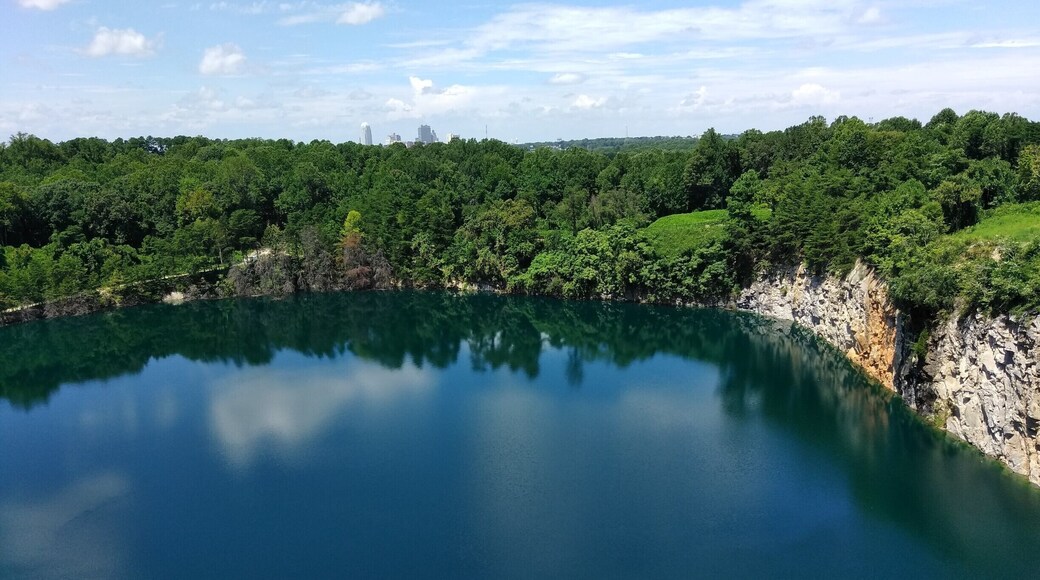 Just completed and opened to the public, this long-closed granite quarry that over years filled with rainwater is now Winston-Salem's newest park. The city skyline is visible in the distance.