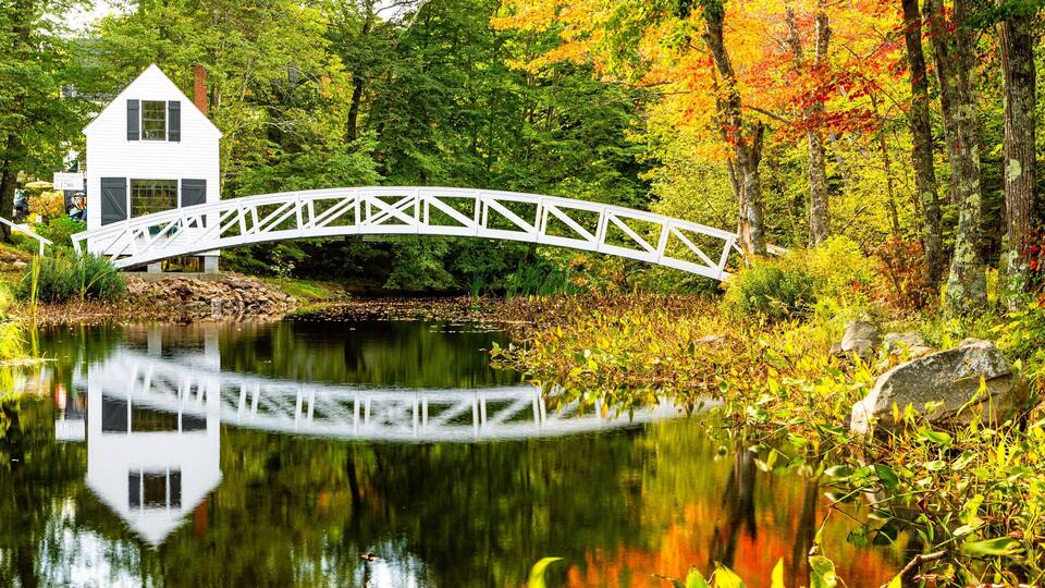 A white house with black shutters, a white bridge, and a pond surrounded by autumn foliage.