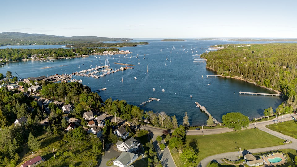 A coastal town with a marina, boats, and a forested area.