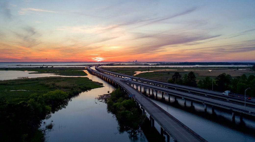 Mobile Bay and jubilee parkway bridge at sunset