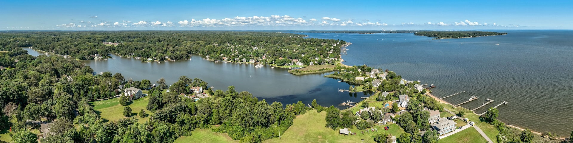Aerial view of Chesapeake Bay coastline with Magothy river, Gibson island and luxury houses