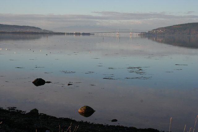 Kessock Bridge Christmas Day 2008. The Kessock Bridge reflected in the mirror-calm waters of the Beauly Firth.