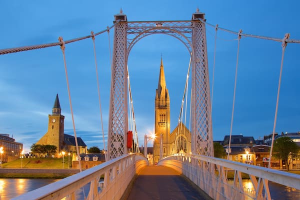 Inverness which includes night scenes, heritage architecture and a bridge