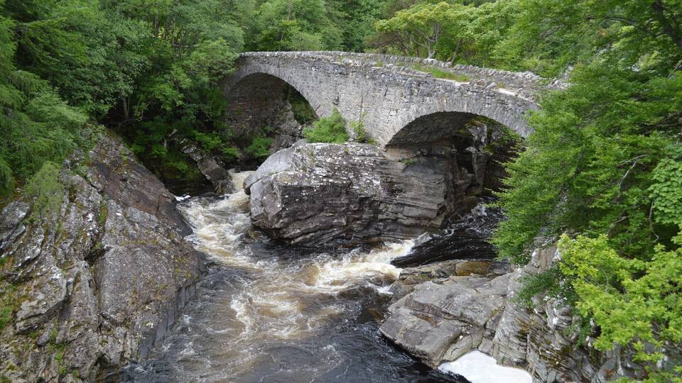A stone bridge over a fast-flowing river surrounded by dense green forest.
