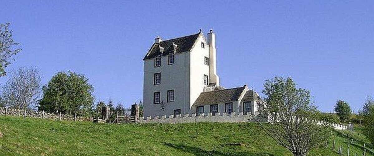 A large white house with a steep roof on a grassy hill.