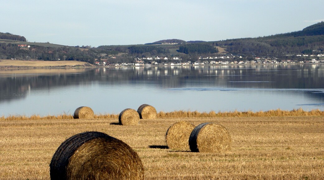 Hay rolls and the Beauly Firth This is a view over Bunchrew (Bun Chraoibh ) Bay and Beauly Firth (Linne Fharair, Poll an Ròid or Caolas Uisge a' Mhanachainn ) towards Redcastle on the Black Isle (an t-Eilean Dubh )