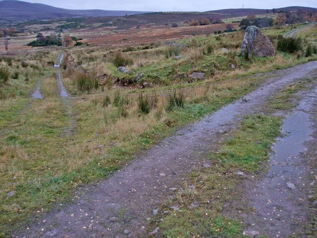 Wade Road Junction The Military road goes straight ahead before disappearing into bog, while the present track branches off to the right.