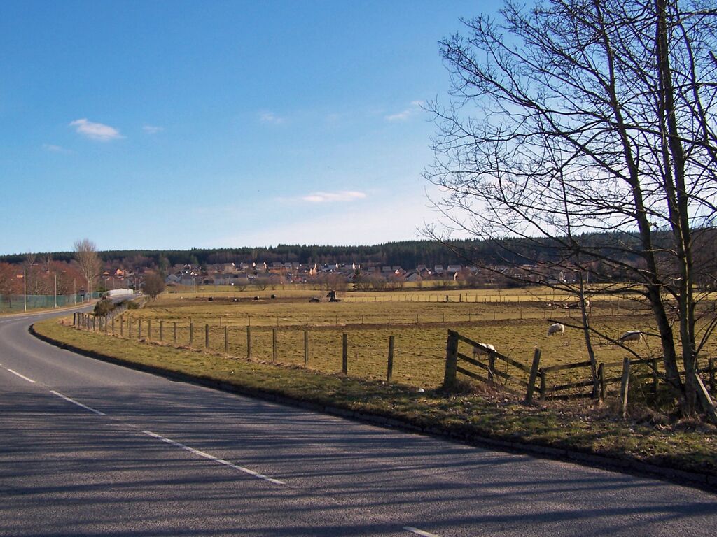 A rural road curving through a landscape with open fields, a fence, and a tree line.
