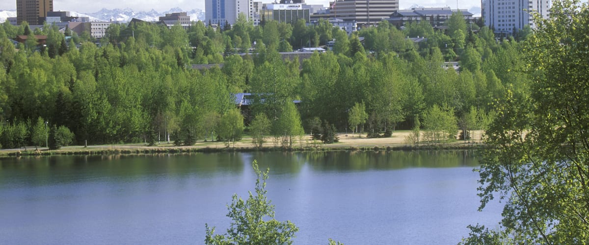 Skyline of Anchorage with Lake Spenard in the foreground and Mt. Hood in the background; Shutterstock ID 140794282