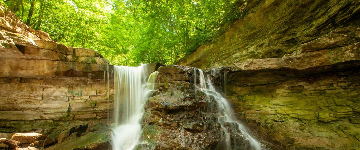 A waterfall cascading over rocks in a forested area.
