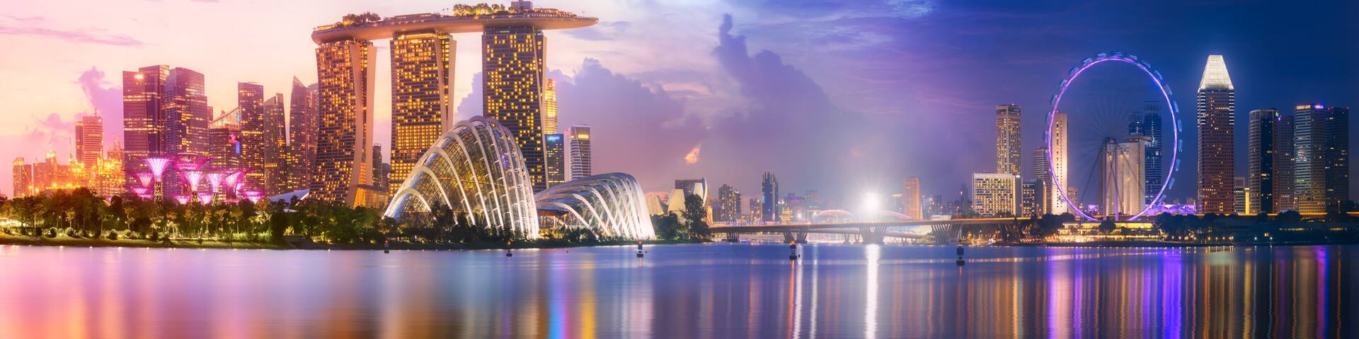 A city skyline with illuminated buildings, a bridge, and a waterfront.