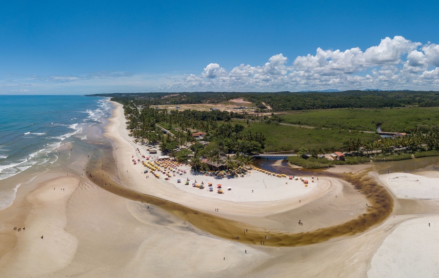 Aerial drone view of Cururupe beach in Ilhéus city, Bahia, Brazil