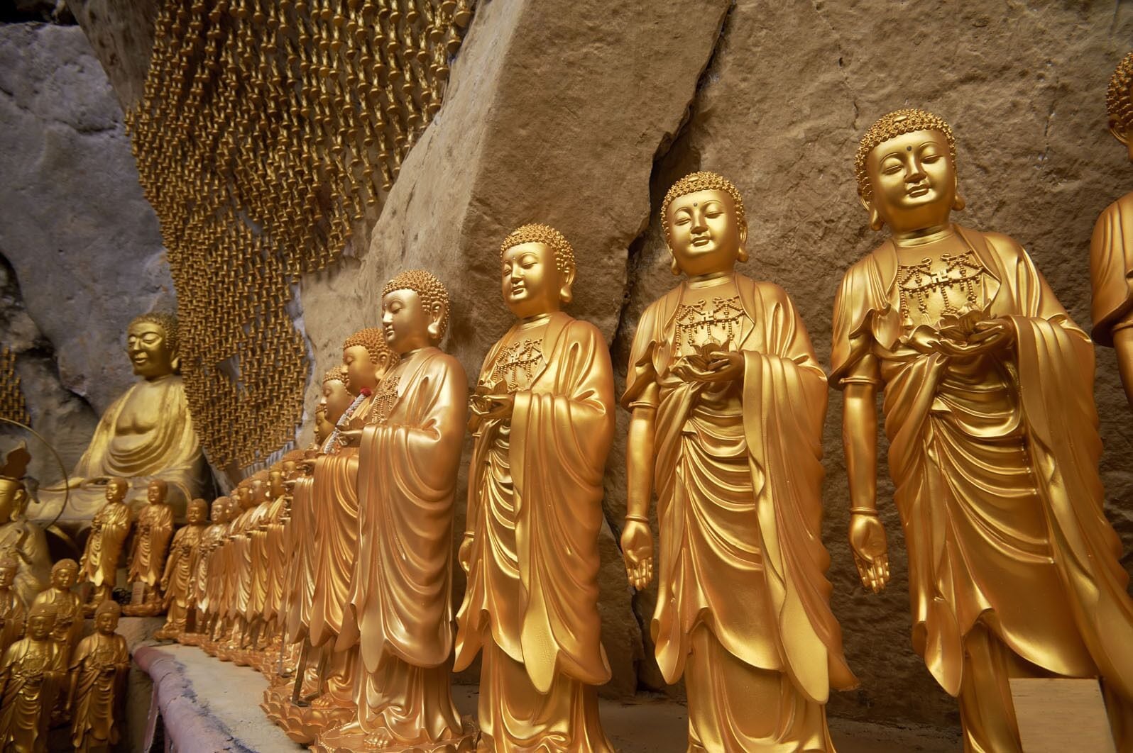 A row of golden Buddha statues in a cave.