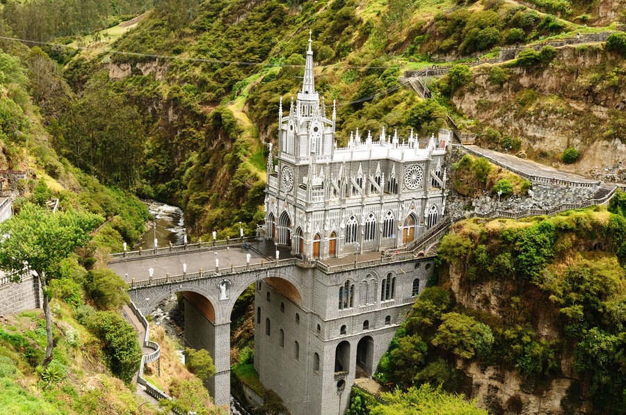 Colombia, church of Las Lajas built between 1916 and 1948 is a popular destination for religious believers from all part of Latin America, topographically the most beautiful in the world