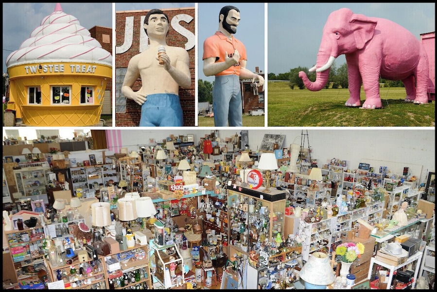 Un magasin de crème glacée Twister Treat, une statue d’un homme tenant un cornet de glace, une statue d’un homme portant un t-shirt orange et une statue d’un éléphant rose.
