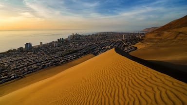 Paesaggio desertico con dune di sabbia, una città sullo sfondo e un corpo d'acqua in lontananza.