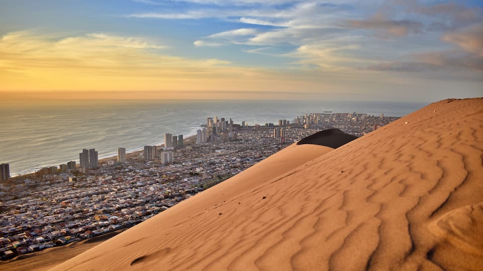 A desert landscape with sand dunes, a cityscape in the background, and a sunset sky.