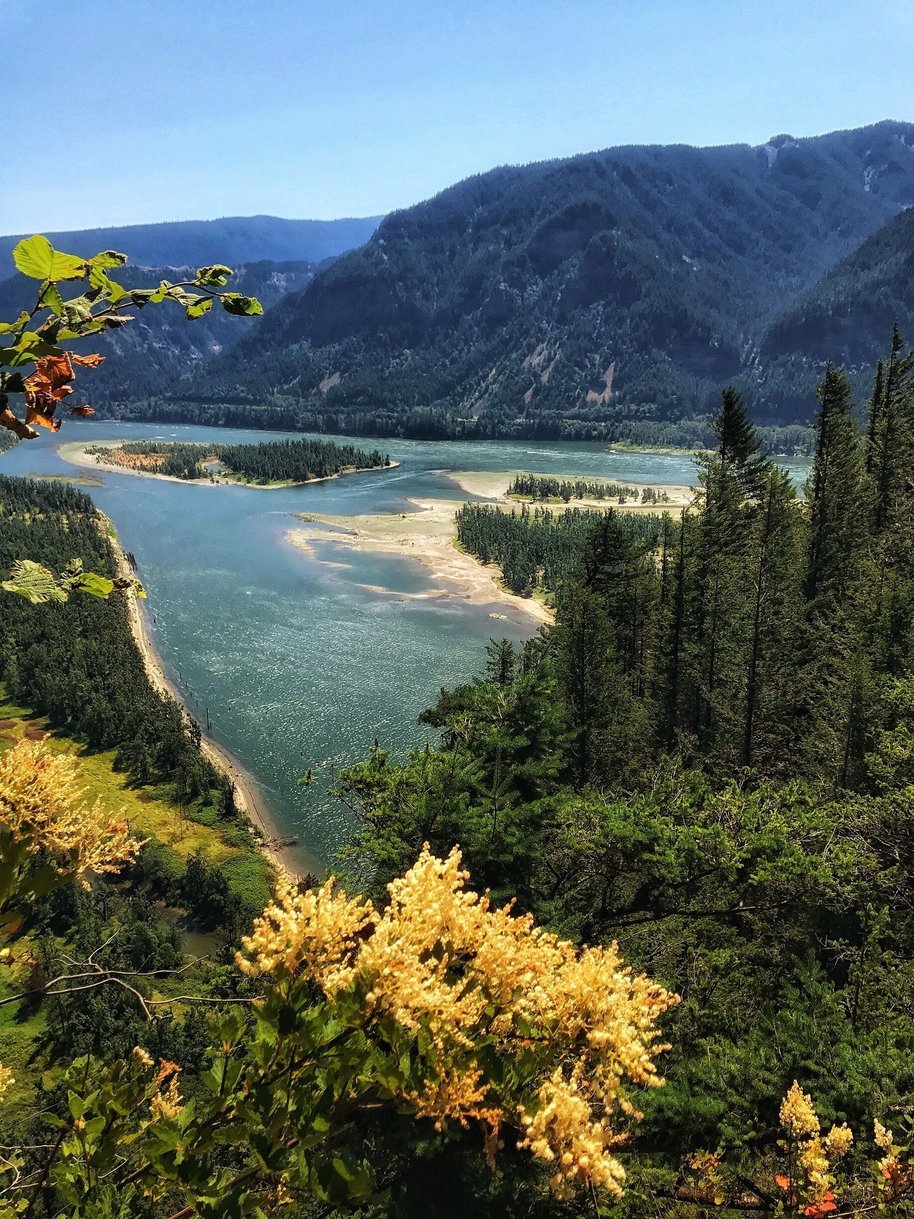 A river winding through a mountainous landscape with dense forests and a sandy beach.