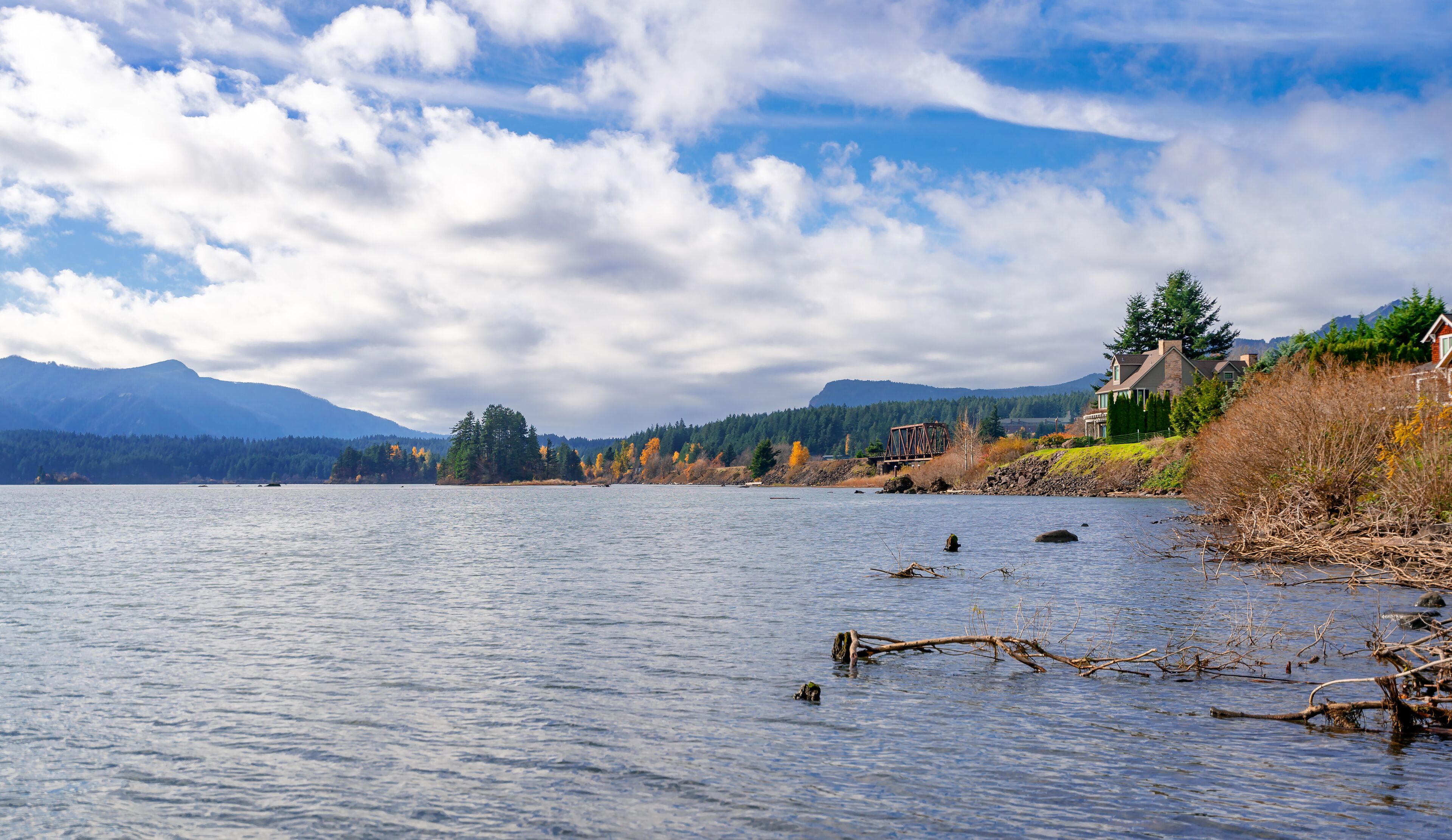 Columbia River with trees on the shore  and beautiful sky on the top in Stevenson, Washington