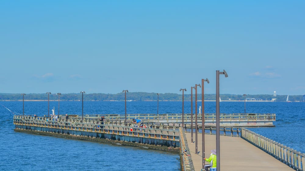 A pier extending into a body of water with people fishing, a clear sky, and distant land with a bridge.